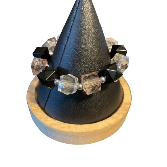 Chunky Geometric Beaded Bracelet With Black Clear Faceted Beads Elastic Strand - Picture 2 of 3